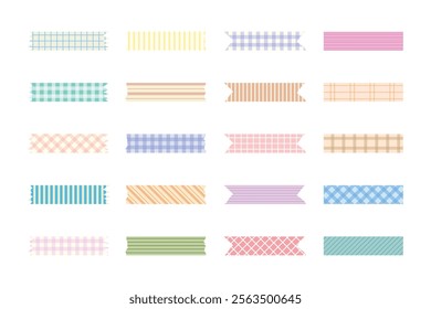 Washi tape, colorful tape with the seamless gingham pastel pattern, line , cartoon with squiggle and cute pattern. Vector adhesive tapes with colorful hand drawn memphis ornament. Trendy decorate 