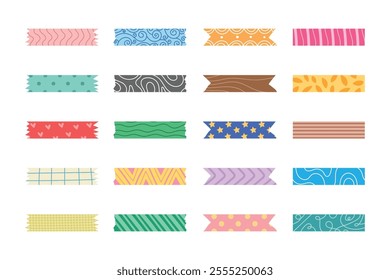 Washi tape, colorful tape with the seamless pattern, line and shape, cartoon with squiggle, geometry and cute pattern. Vector adhesive tapes with colorful hand drawn memphis ornament. Trendy decorate