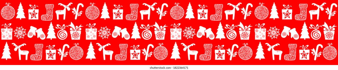 Washi tape decor for Xmas design. Holiday pattern. Christmas and New Year seamless pattern. Celebration background with Christmas star, Christmas tree, deer and gift box.  Vector Illustration.