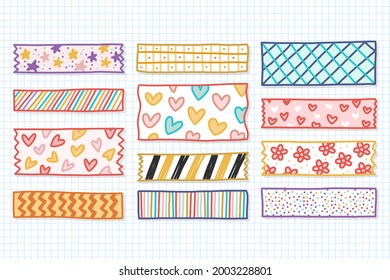 Washi tape design collection. Cute washi paper anchor, sticker, decoration, label, chevron or ribbon. Washi tape, banner. Scrapbook element. Vector illustration. 