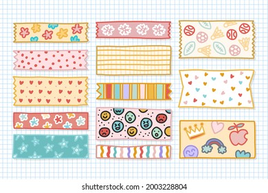 Washi tape design collection. Cute washi paper anchor, sticker, decoration, label, chevron or ribbon. Washi tape, banner. Scrapbook element. Vector illustration. 