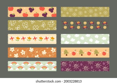 Washi tape design collection. Cute washi paper anchor, sticker, decoration, label, chevron or ribbon. Washi tape, banner. Scrapbook element. Vector illustration. 