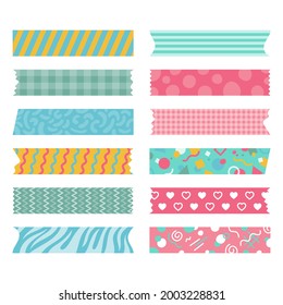 Washi tape design collection. Cute washi paper anchor, sticker, decoration, label, chevron or ribbon. Washi tape, banner. Scrapbook element. Vector illustration. 