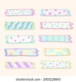 Colección de diseño de cinta de lavado. Anuncio de papel de washi, pegatina, decoración, etiqueta, chevron o cinta. Cinta de lavado, pancarta. Elemento Scrapbook. Ilustración vectorial. 