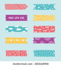 Washi tape design collection. Cute washi paper anchor, sticker, decoration, label, chevron or ribbon. Washi tape, banner. Scrapbook element. Vector illustration. 