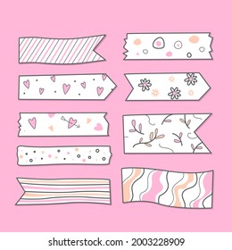 Washi tape design collection. Cute washi paper anchor, sticker, decoration, label, chevron or ribbon. Washi tape, banner. Scrapbook element. Vector illustration. 