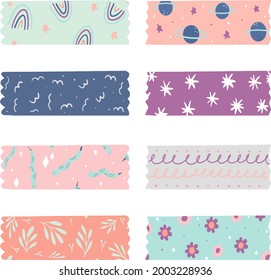 Washi tape design collection. Cute washi paper anchor, sticker, decoration, label, chevron or ribbon. Washi tape, banner. Scrapbook element. Vector illustration. 