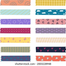 Washi tape design collection. Cute washi paper anchor, sticker, decoration, label, chevron or ribbon. Washi tape, banner. Scrapbook element. Vector illustration. 