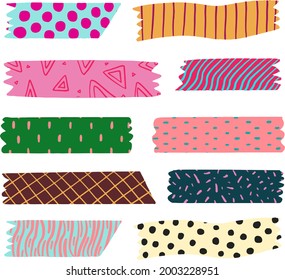 Washi tape design collection. Cute washi paper anchor, sticker, decoration, label, chevron or ribbon. Washi tape, banner. Scrapbook element. Vector illustration. 