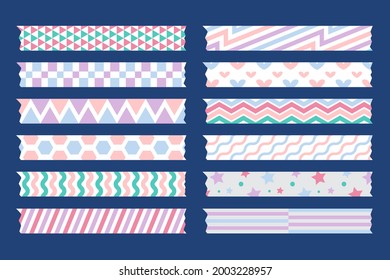 Washi tape design collection. Cute washi paper anchor, sticker, decoration, label, chevron or ribbon. Washi tape, banner. Scrapbook element. Vector illustration. 