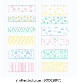 Washi tape design collection. Cute washi paper anchor, sticker, decoration, label, chevron or ribbon. Washi tape, banner. Scrapbook element. Vector illustration. 