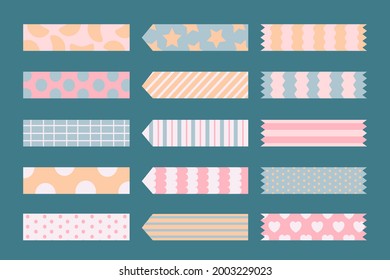 Washi tape design collection. Cute washi paper anchor, sticker, decoration, label, chevron or ribbon. Washi tape, banner. Scrapbook element. Vector illustration. 