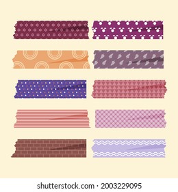 Washi tape design collection. Cute washi paper anchor, sticker, decoration, label, chevron or ribbon. Washi tape, banner. Scrapbook element. Vector illustration. 