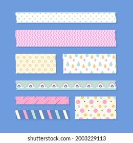 Washi tape design collection. Cute washi paper anchor, sticker, decoration, label, chevron or ribbon. Washi tape, banner. Scrapbook element. Vector illustration. 