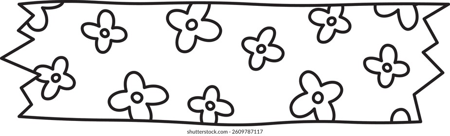 A washi tape doodle with simple floral patterns and jagged edges. Flowers are scattered in a playful arrangement on the tape strip. Cartoon vector illustration.