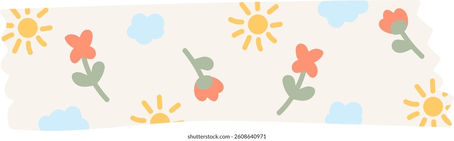 A washi tape with a floral pattern featuring simple flower outlines and dots in a minimalist style. The design includes stylized blooms and circular elements arranged in a repeating sequence