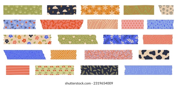 Washi tape. Japanese paper tape with decorative pattern, cute japanese stickers for scrapbook, decoration and masking. Vector set of japanese paper decorative sticker illustration