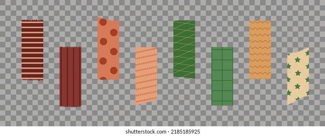 Washi tape. Pieces of ribbons with patterns. Beige, burgundy and green pieces of washi tape with torn edges. Set of eight pastel ribbons isolated on a transparent background.