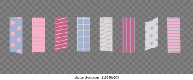 Washi tape. Pieces of ribbons with patterns. Pink, blue and white pieces of washi tape with torn edges. Set of eight pastel scrapbooking ribbons isolated on a transparent background.