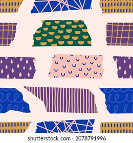 Washi Tape Pieces Seamless Pattern Set with Different Hand Draw Textures in Contemporary Style. Vector Torn Colourful Paper Background.
