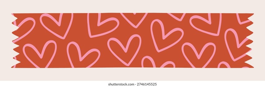 Washi Tape with Pink Hearts pattern. Cute Valentines Adhesive strip for collages, journal and sticky note decor. Isolated Scrapbook elements