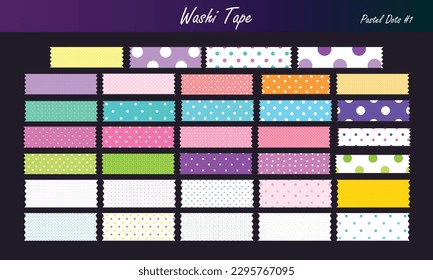 Washi tape with polka dots collection. Big set of pastel washi tape elements