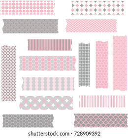 Washi Tape Scrapbook Patterns,Pink and Grey.Vector Elements.Vector illustration.
