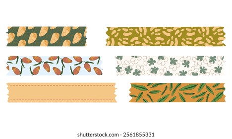 Washi tape set with mango pattern, leaves, cartoon elements, cute summer and simple abstracts and hand drawn flowers. Vector illustration. Decorative scotch tape with ragged edges