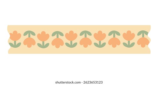 Washi tape with simple tulip flowers in pastel colors. Flat cartoon vector style illustration.