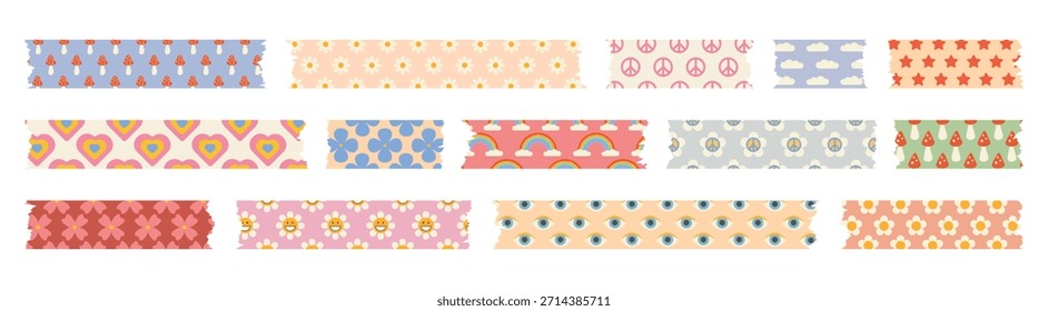 Washi tape stripes set. Vector adhesive tapes with groovy trippy elements. Trendy colored decorative scotch tape with ragged edges. Perfect for scrapbooking, collages, stickers