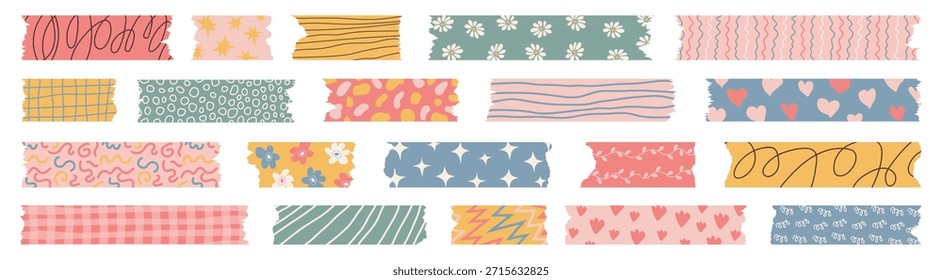Washi tape stripes with squiggle, geometry and cute pattern. Trendy colored decorative scotch tape with torn ragged edges. Perfect for scrapbooking, collages, stickers