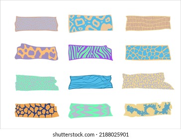 washi tape with wild print. Set of pieces of colored patterned washi tape isolated on a white background.
