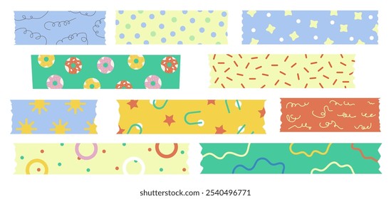 Washi tapes big collection. Set of colourful scrapbook stripes or sticky label tags, isolated on white background. Trendy abstract patterned decorative scotch tape designs.