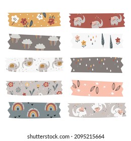 Washi tapes collection with elephants. Vector isolated illustration for notes, planner and scrapbooking