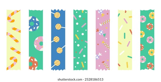 Washi tapes collection. Set of colourful scrapbook stripes or sticky label tags. Trendy patterned decorative scotch tape design with donuts, candies, lollipops and confetti toppings.