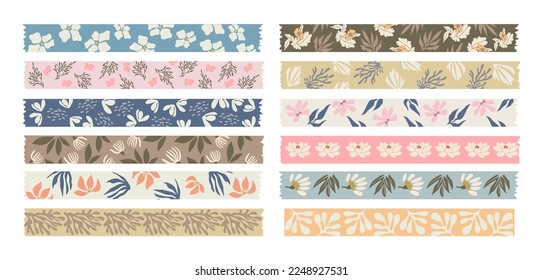 Washi tapes flowers collection. Colorful scrapbook stripes, sticky label tags and decorative scotch strip with floral abstract elements. Border, paper sticker tape for planner. Vector illustration.