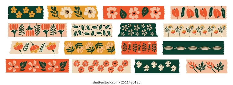 Colección de flores de Washi tapes. Coloridas rayas de scrapbook, etiquetas adhesivas y tira de whisky decorativa con Elementos abstractos florales. Vector ilustración colorida sobre fondo blanco.