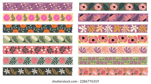 Washi tapes flowers vector set isolated on white.