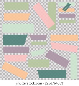 Washi tapes. Semi-transparent pieces of ribbons. Blue, pink, purple, orange and green pieces of washi tape with torn edges. Set of adhesive ribbons isolated on a transparent background.