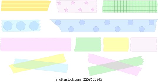 Washi tapes. Semi-transparent pieces of ribbons. Blue, pink, yellow, green and purple pieces of washi tape with torn edges. Set of adhesive ribbons isolated on a transparent background.