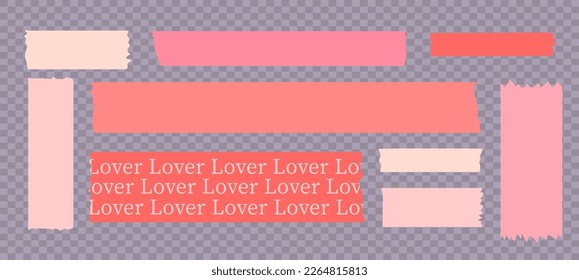 Washi tapes. Semi-transparent pieces of ribbons. Pink, warm colors of pieces of washi tape with torn edges. Set of adhesive scrapbooking ribbons isolated on a transparent background.
