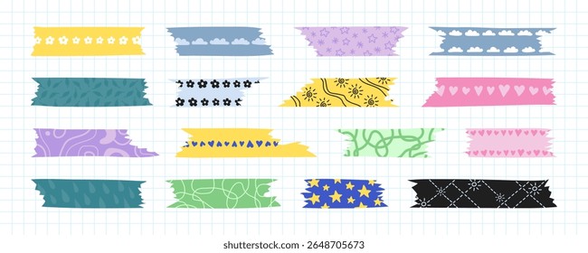Fitas Washi ajustadas. Elemento Scrapbooking para colagens digitais, diário, diário. Peças decorativas estampadas de fita adesiva. Fitas de fita washi estampadas coloridas, fitas decorativas bonitas para planejador