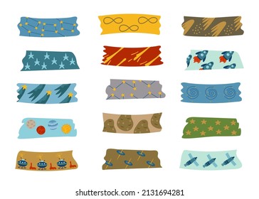 Washi tapes is a space collection with rockets, stars, comets. For notes, organizer, planner, scrapbooking. Vector illustration of the universe in cartoon style for decoration and design