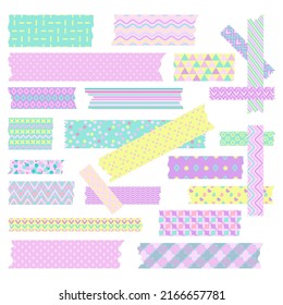 Washi tapes stripes set. Embellished decorative scotch, scrapbooking tape strip. Japanese craft tools, isolated paper or fabric pieces nowaday vector ribbons design