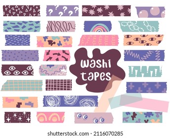 Cintas de lavado. El vector establece trozos de papel con puntos abstractos, elementos, ojos, líneas, puntos, más, flecha. Cinta de enmascaramiento para marcos, scrapbooking, bordes, gráficos web, artesanías, pegatinas.