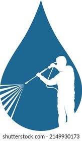 Washing apparatus in the hands of a washer. Drop of water and working washer silhouette