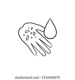 Washing arm hand drawn outline doodle icon. Dirty hand with bacteria and water droop as washing and hygiene concept. Vector sketch illustration for print, web and infographics on white background.
