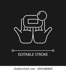 Washing with brick soap white linear icon for dark theme. Effectiveness against bacteria. Thin line customizable illustration. Isolated vector contour symbol for night mode. Editable stroke