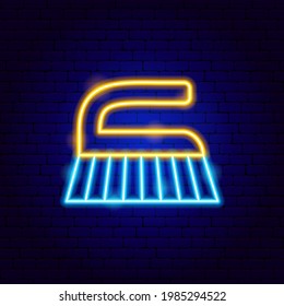 Washing Brush Neon Label. Vector Illustration of Clean Promotion.