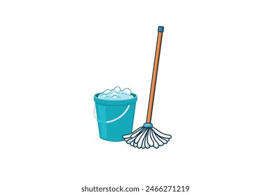 Washing bucket and mop. cleaning vector illustration isolated on white background